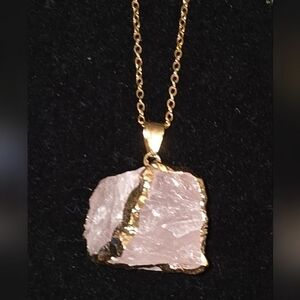 🎁Natural Healing Crystal Stone Rose Quartz & Gold Foil Pendant 18K Plated Chain